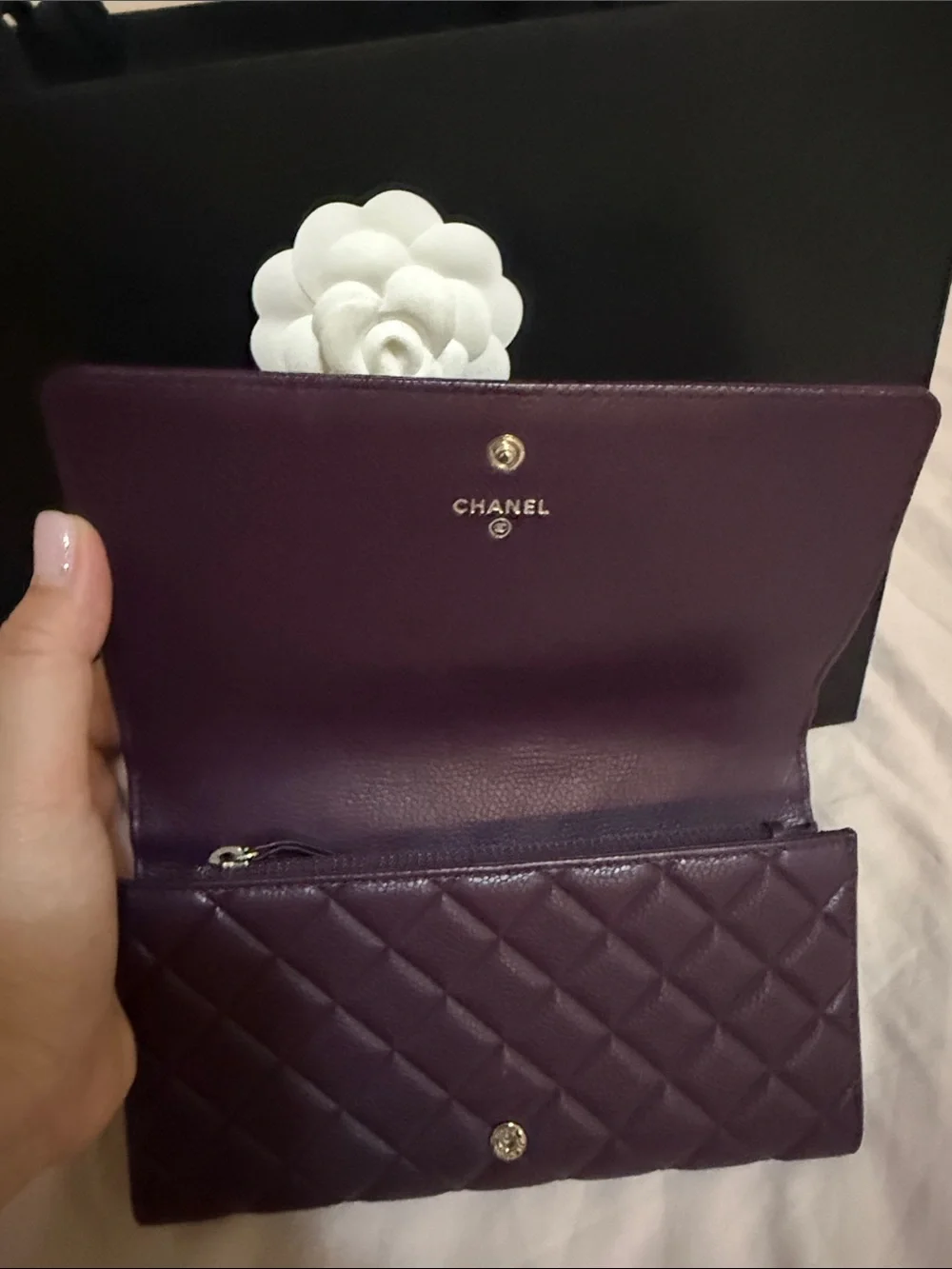CHANEL Quilted Long Wallet in Plum